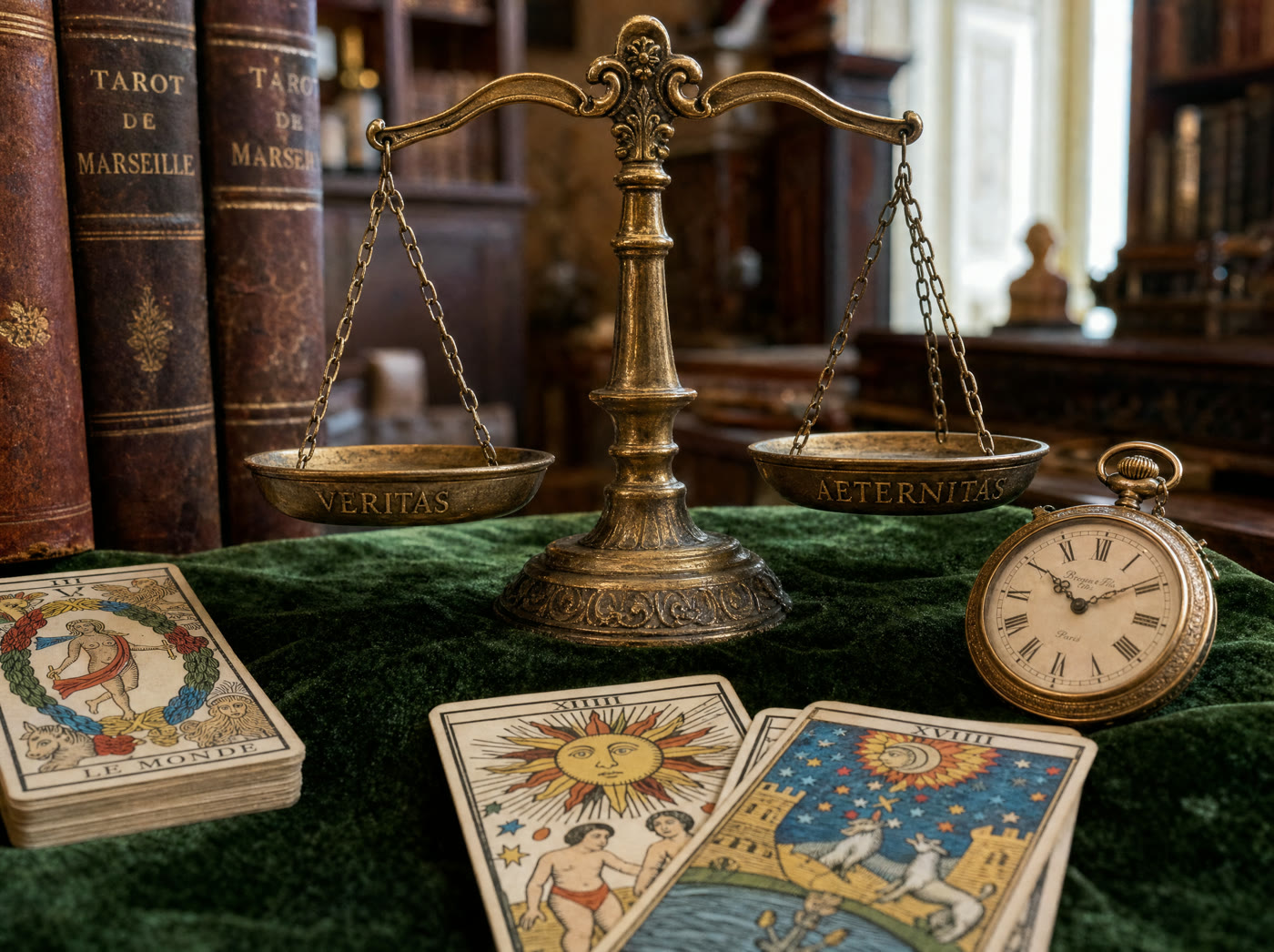 Bilancia della Verità in Ottone Antico, Orologio da Tasca e Tarocchi di Marsiglia